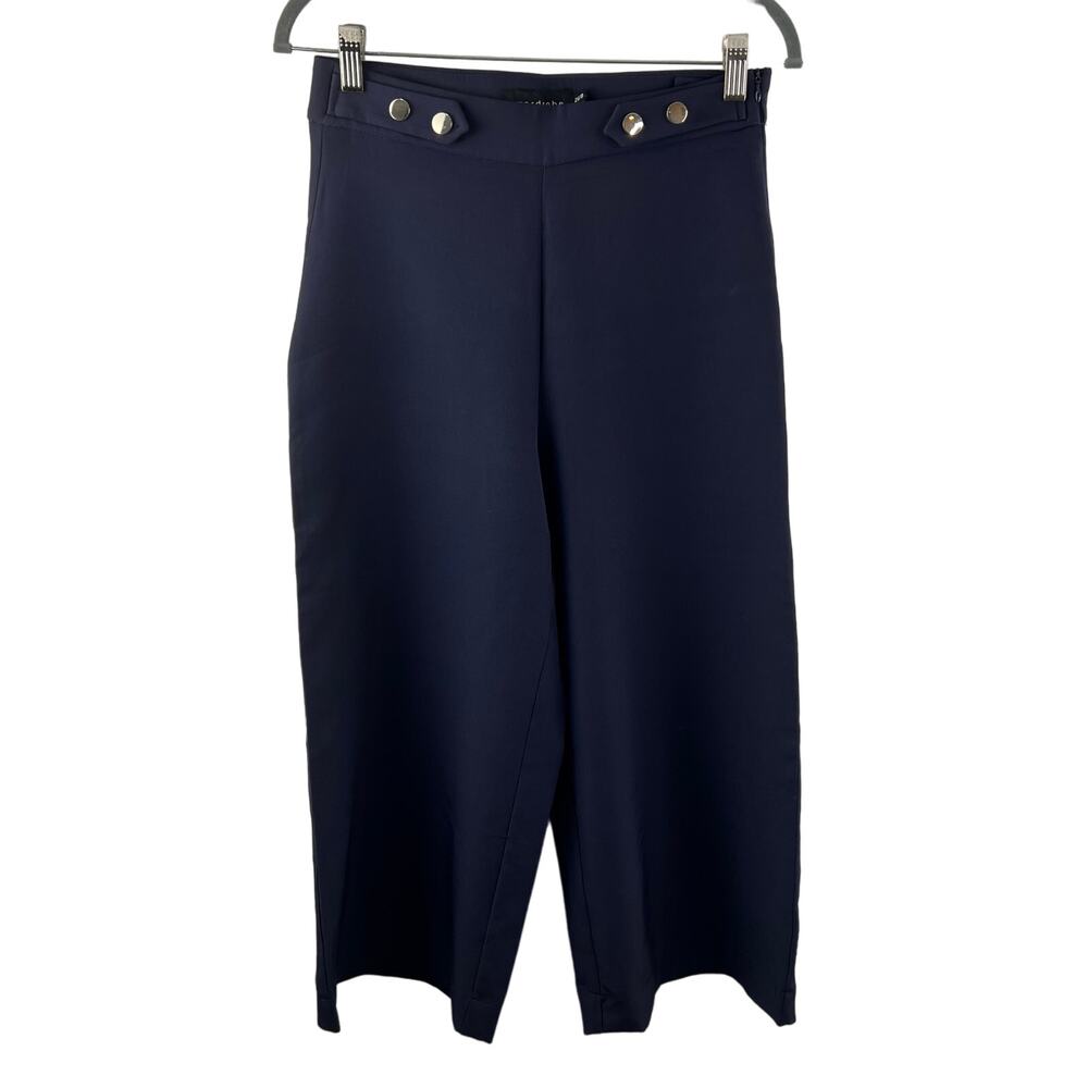 Wardrobe Navy Blue Wide Leg Cropped Pants Stretch Button Tab Accent Size 26/8
